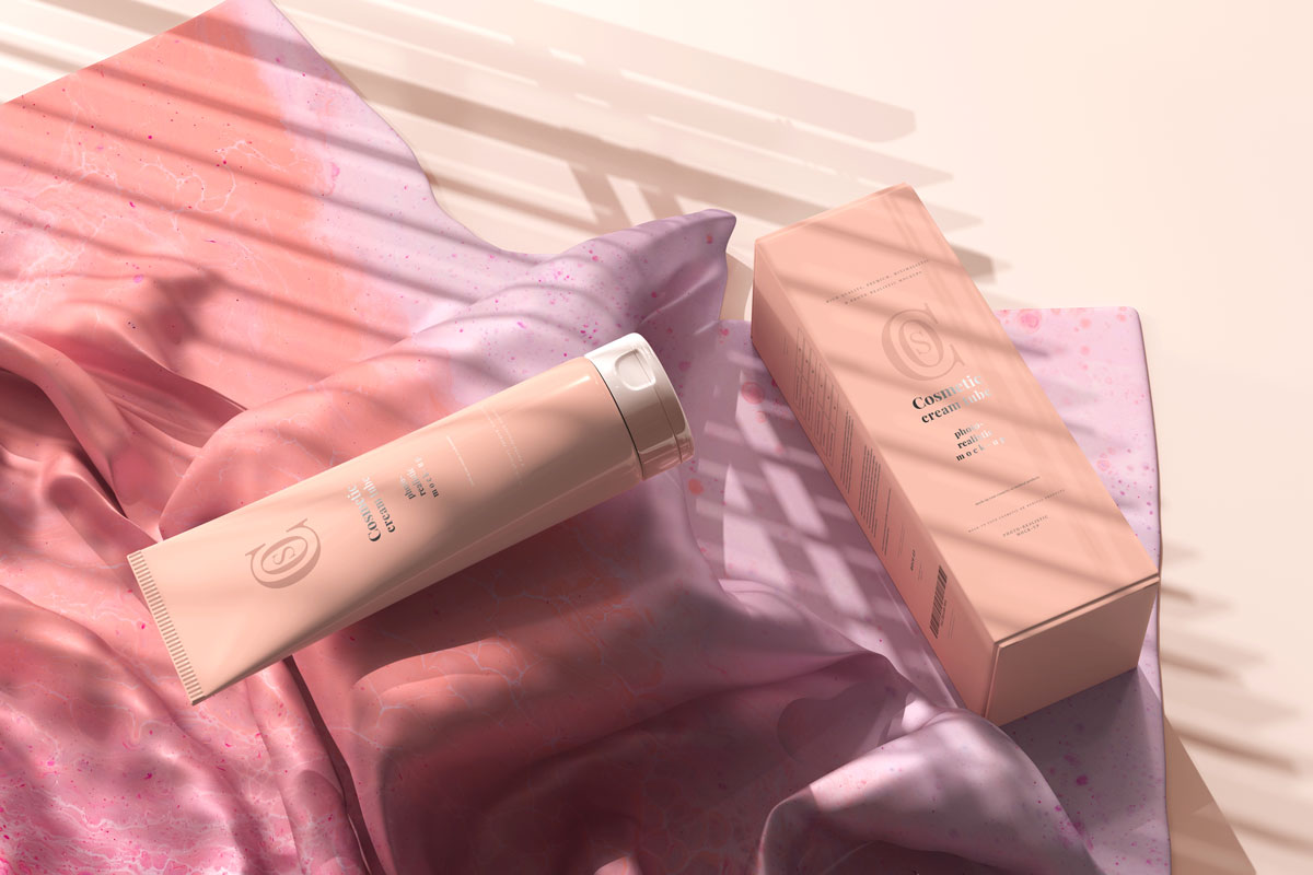 9款时尚化妆品护手霜奶油软管包装盒设计贴图样机模板 Cosmetic Cream Tube With Box Mockup 3_img_2