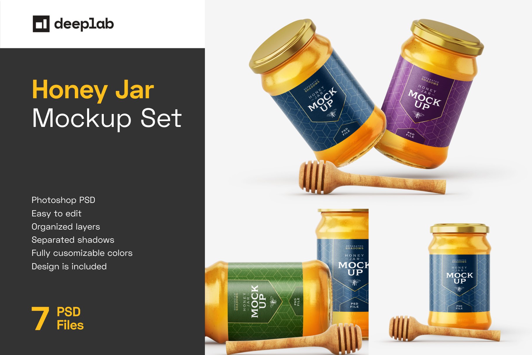 7款时尚蜂蜜包装玻璃罐标签设计贴图样机模板 Honey Jar Mockup Set With Dipper_img_2