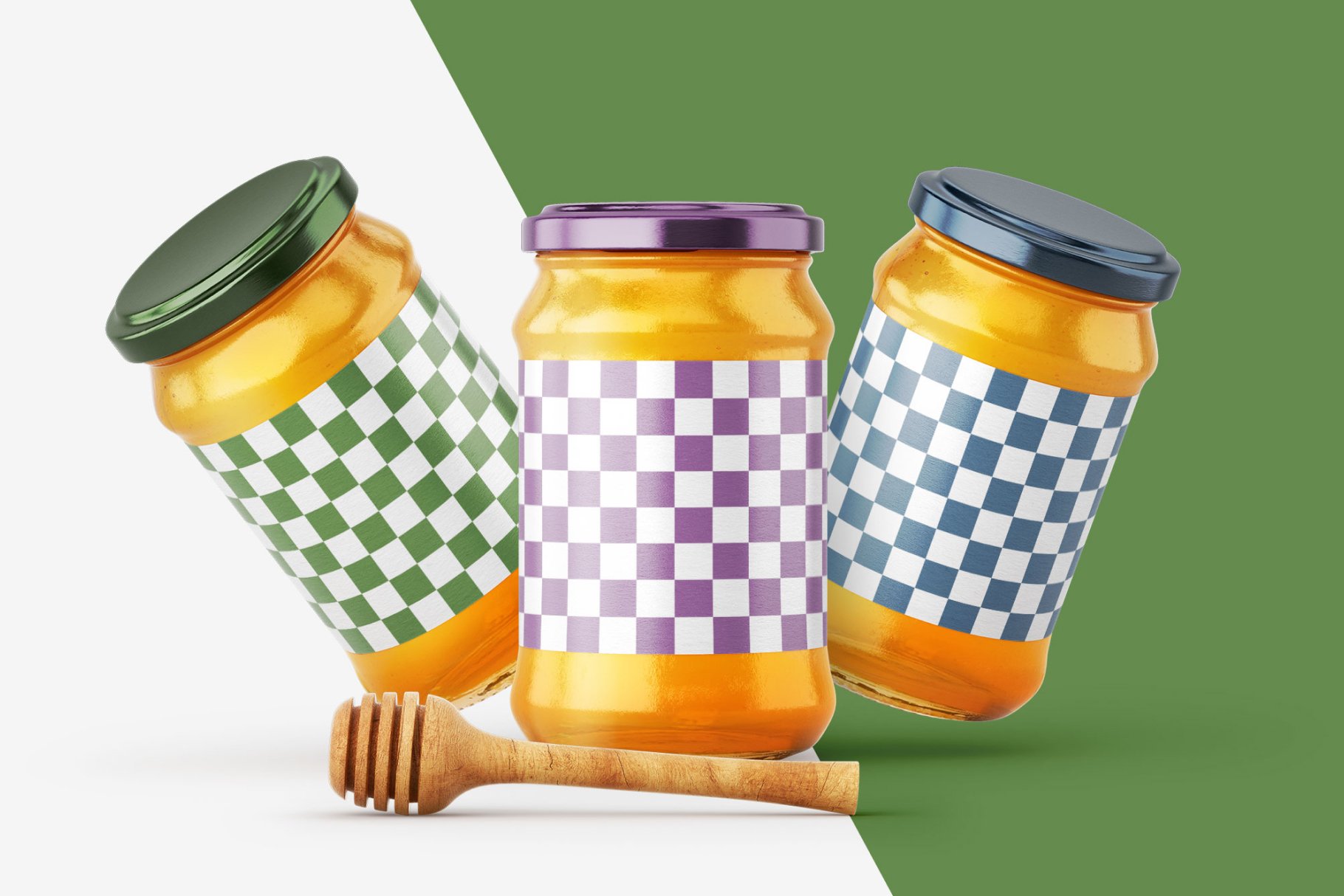 7款时尚蜂蜜包装玻璃罐标签设计贴图样机模板 Honey Jar Mockup Set With Dipper_img_2