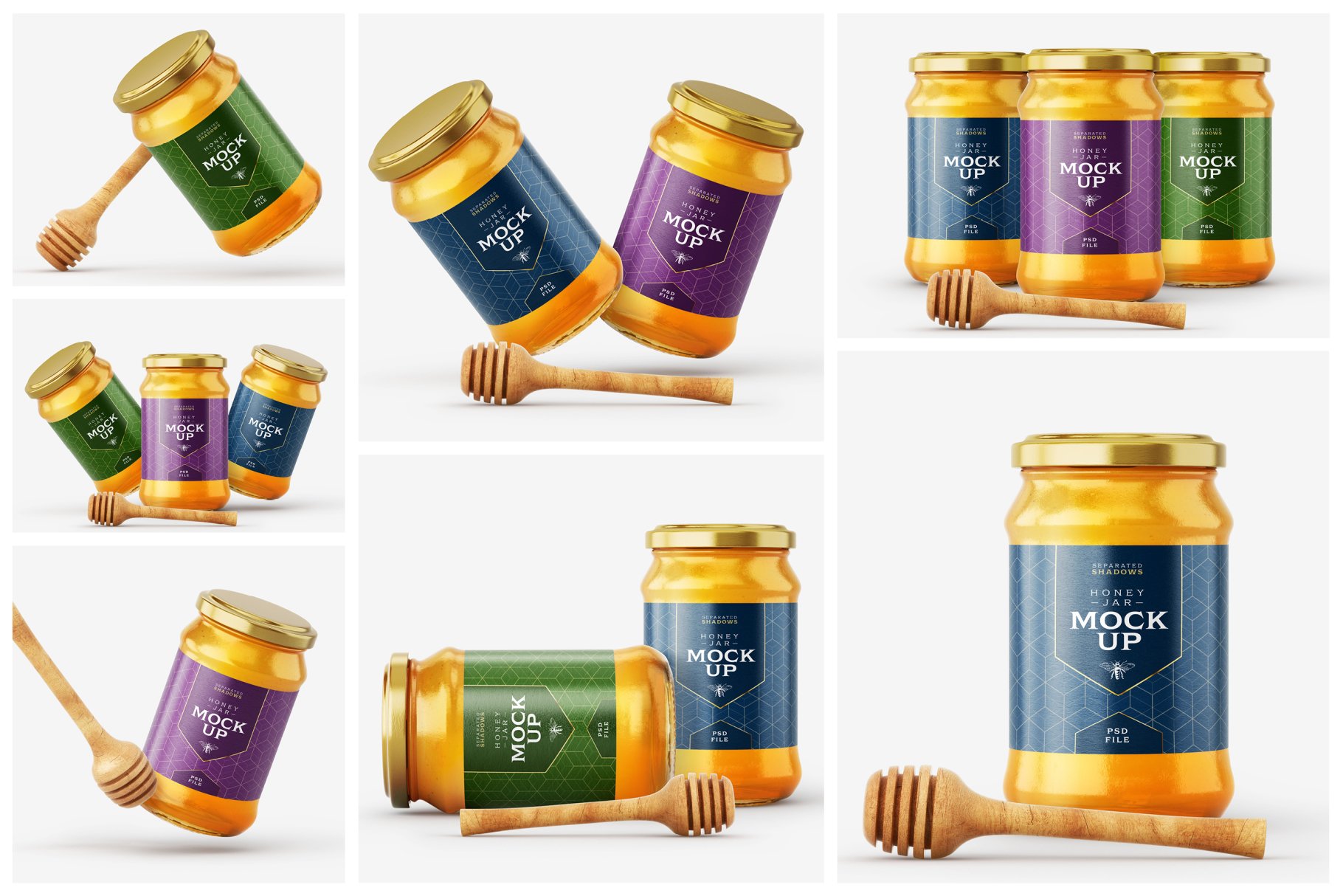 7款时尚蜂蜜包装玻璃罐标签设计贴图样机模板 Honey Jar Mockup Set With Dipper_img_2