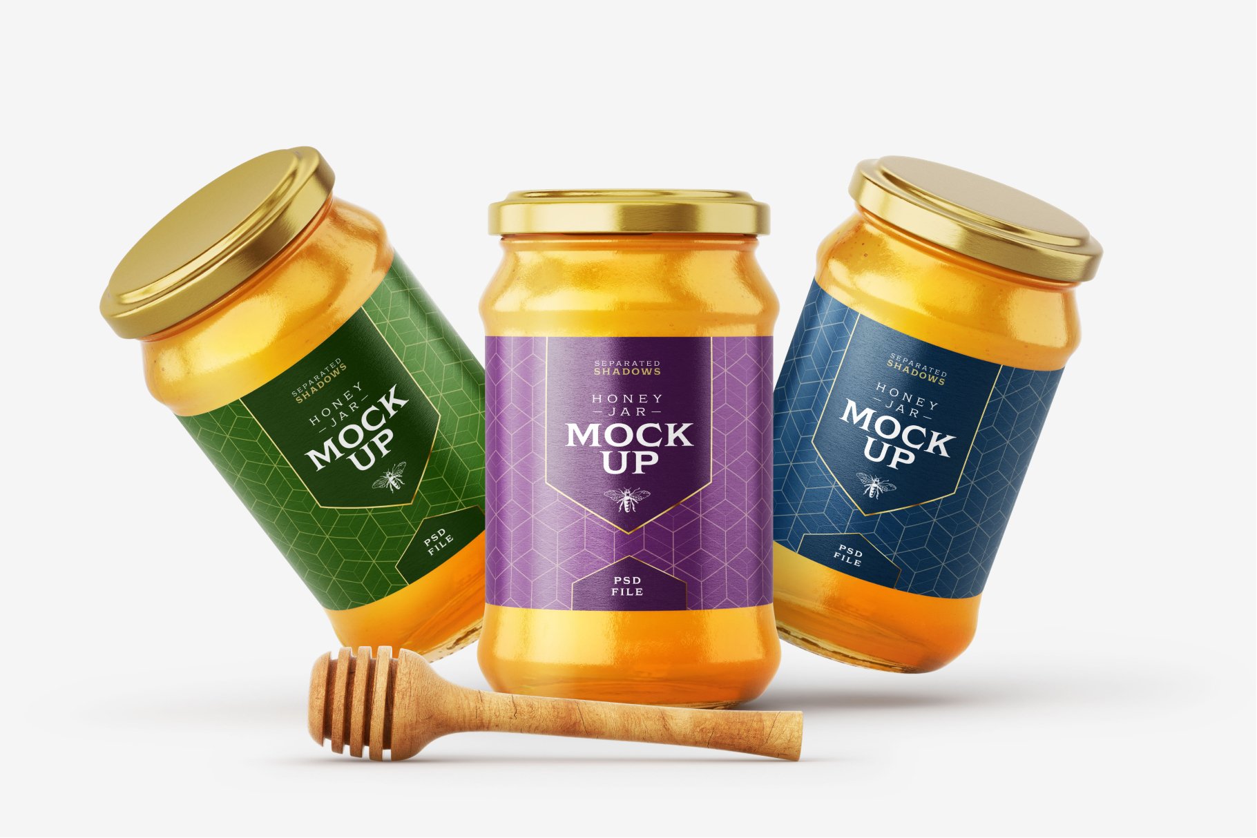 7款时尚蜂蜜包装玻璃罐标签设计贴图样机模板 Honey Jar Mockup Set With Dipper_img_2