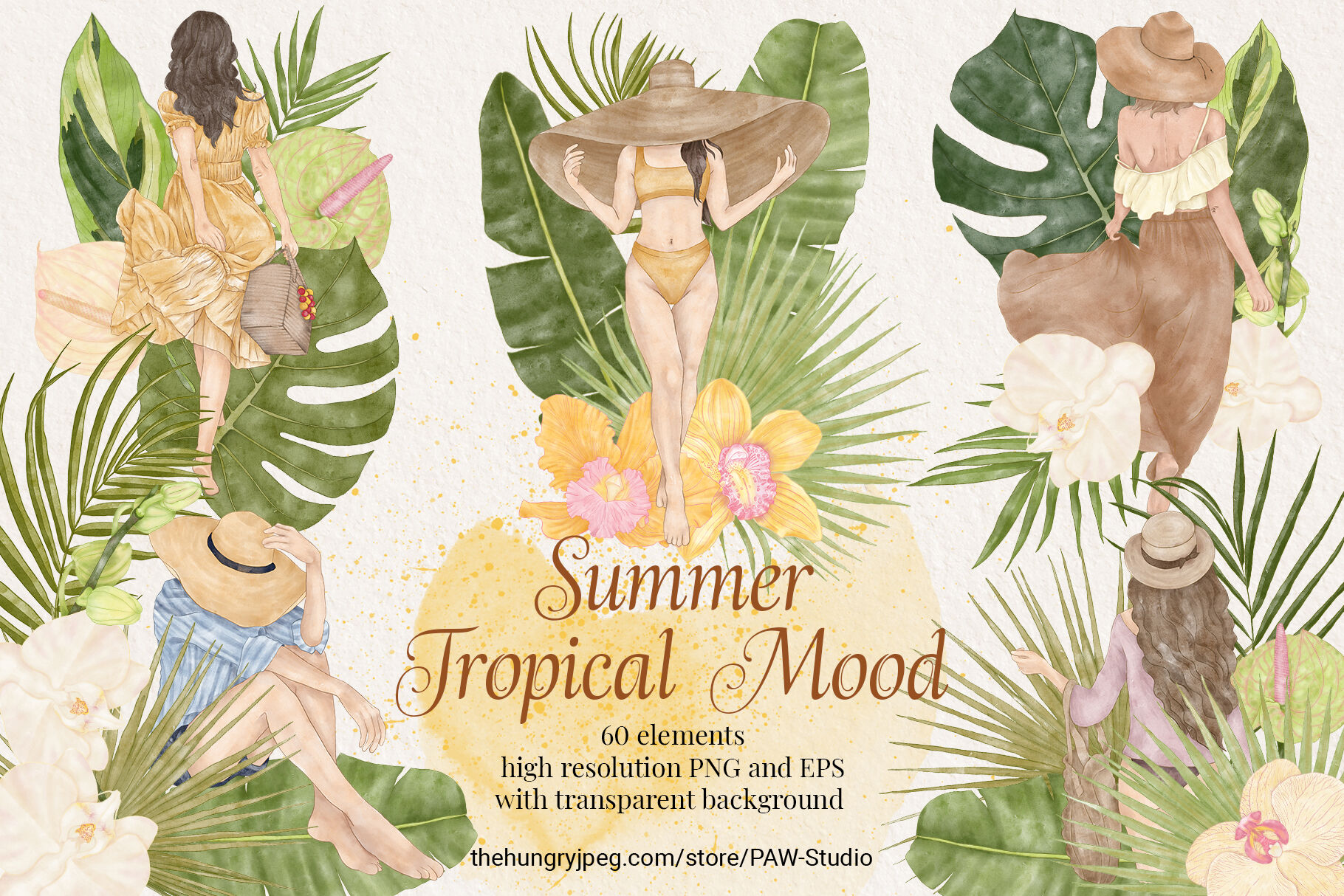 时尚夏季热带女孩棕榈叶花卉剪贴画PNG透明图片素材 Summer Tropical Fashion Girls Clipart_img_2