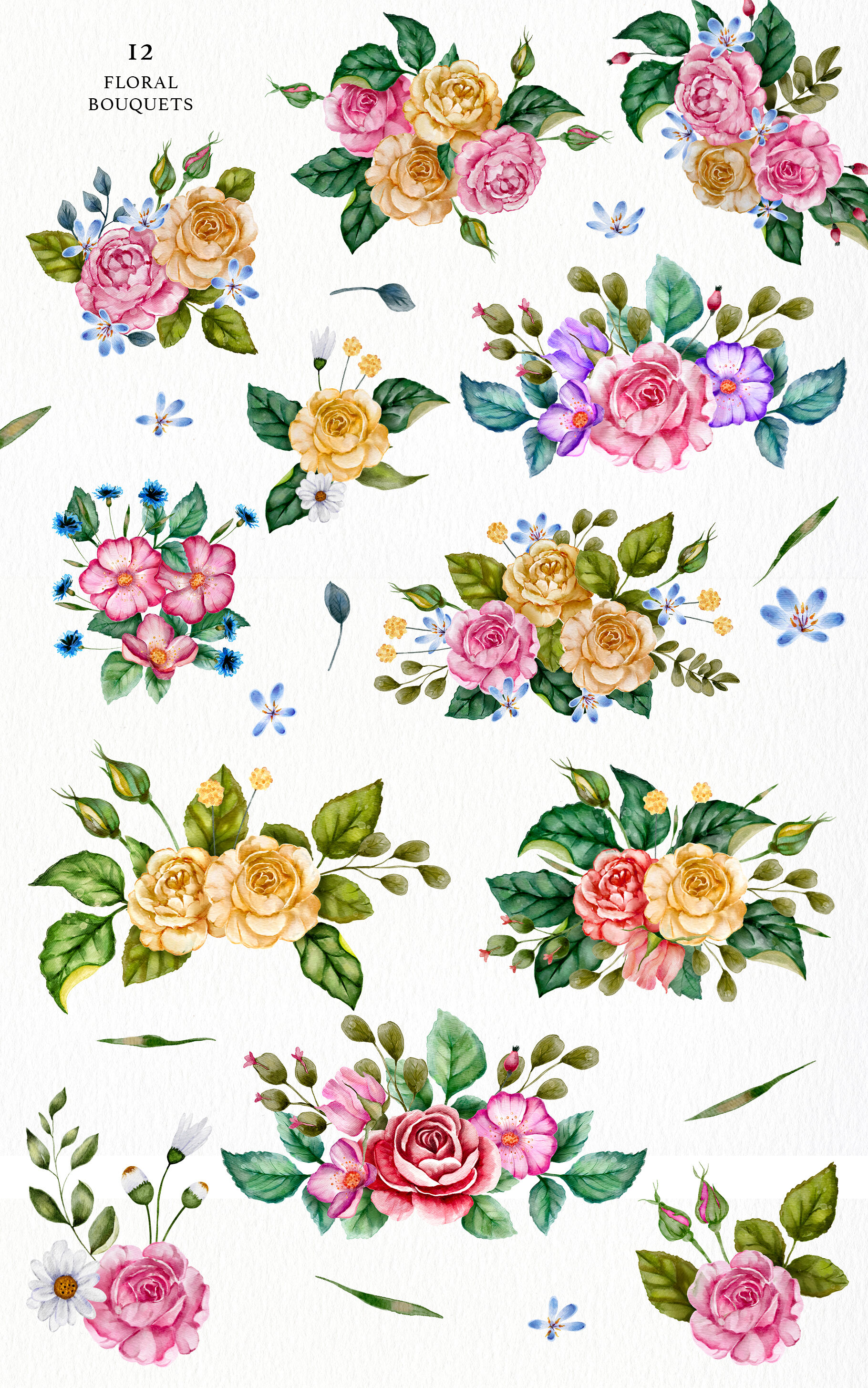 146款精美手绘水彩花卉字母PNG透明背景图片素材 Watercolor Flowers & Golden Alphabet_img_2