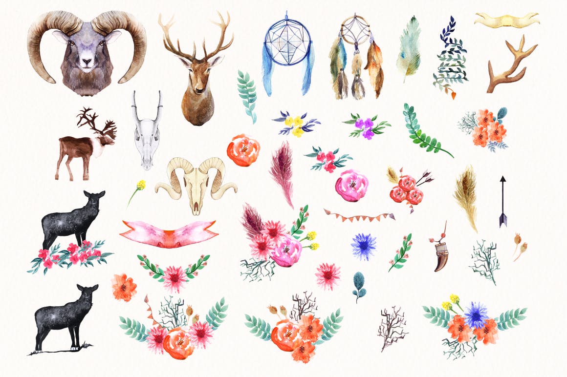 42个动物花卉手绘水彩画PNG免扣图片素材 Watercolor Animals & Flowers_img_2