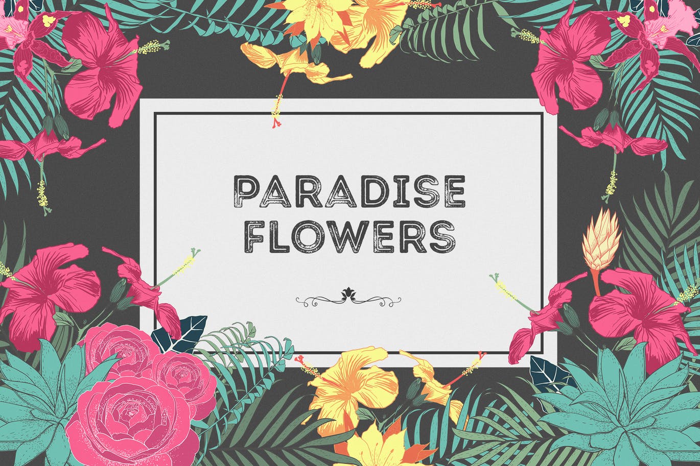 热带玫瑰花卉棕榈树枝无缝隙矢量图案素材 Paradise Flowers_img_2