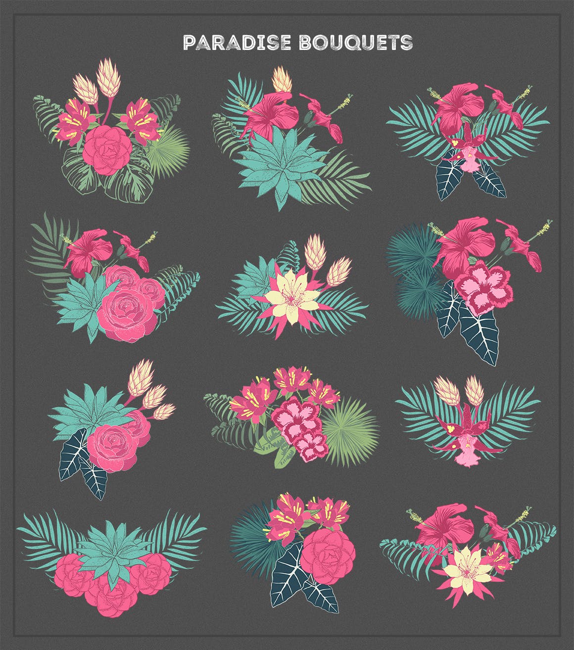 热带玫瑰花卉棕榈树枝无缝隙矢量图案素材 Paradise Flowers_img_2