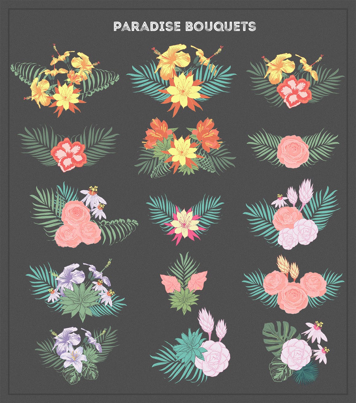 热带玫瑰花卉棕榈树枝无缝隙矢量图案素材 Paradise Flowers_img_2