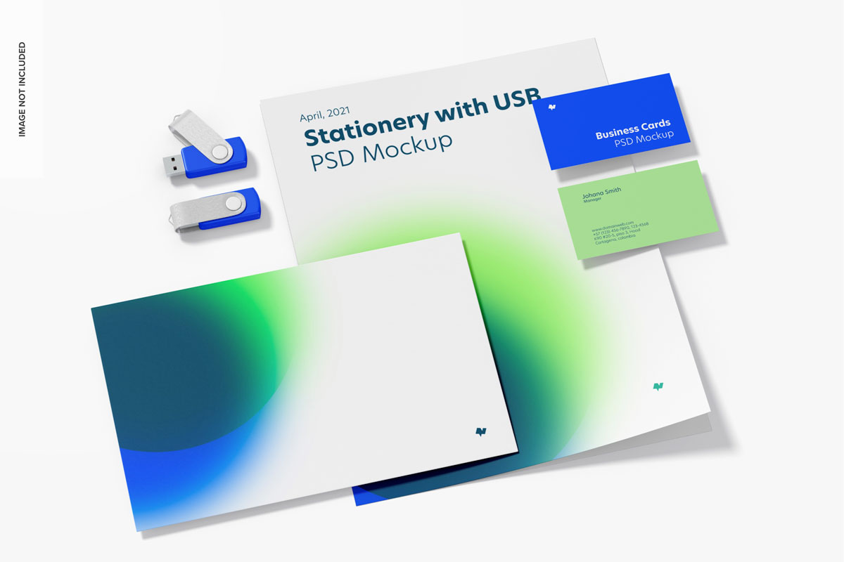 时尚品牌VI设计办公吊牌信纸优盘贴图样机模板 Stationery With Usb Flash Drives Mockup_img_2