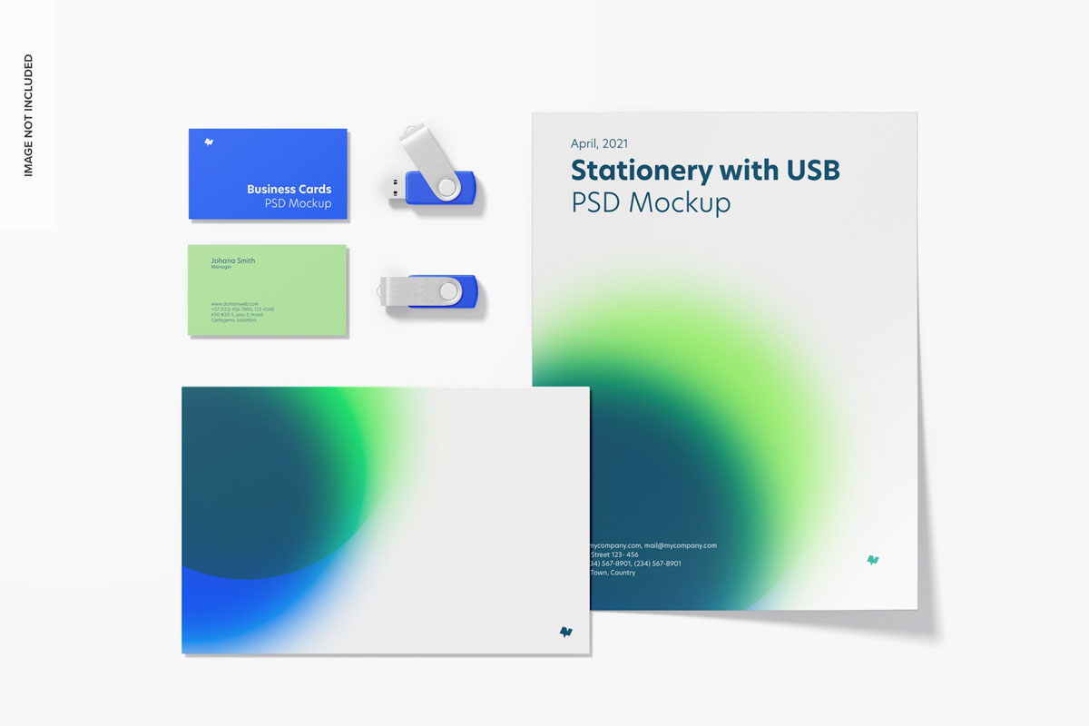 时尚品牌VI设计办公吊牌信纸优盘贴图样机模板 Stationery With Usb Flash Drives Mockup_img_2