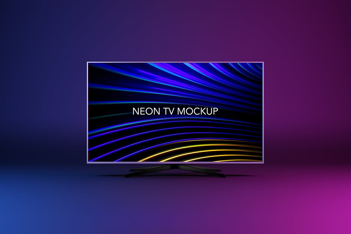 逼真霓虹电视屏幕演示PSD样机模板 Neon TV Mockup_img_2