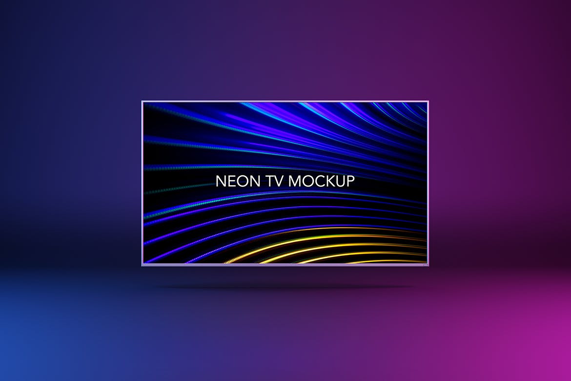 逼真霓虹电视屏幕演示PSD样机模板 Neon TV Mockup_img_2