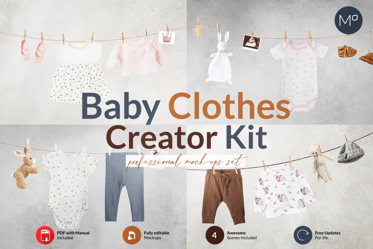 时尚婴儿连衣服装印花图案设计贴图样机 Baby Clothes Creator Kit Mock-ups_img_2