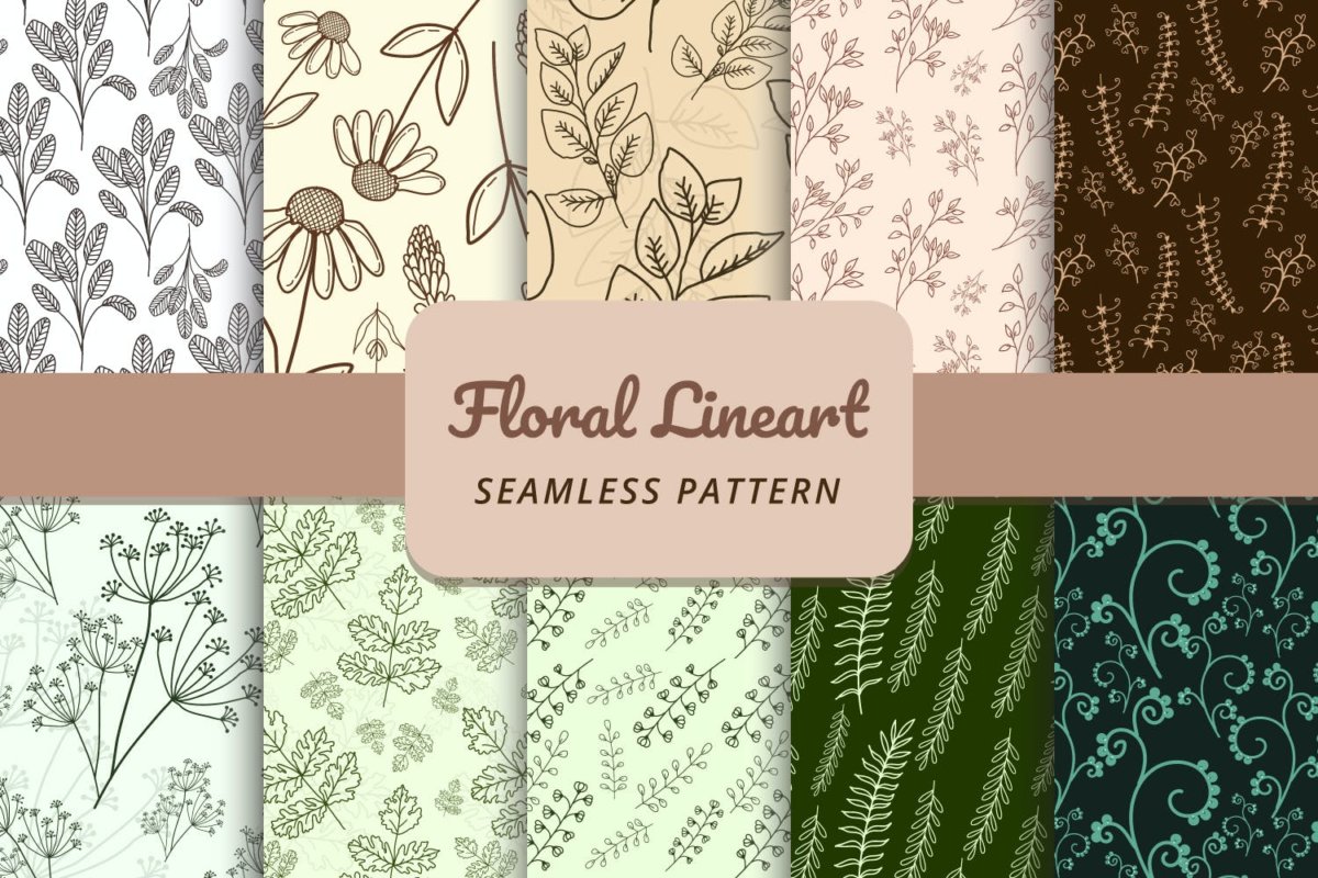 精美花卉树叶艺术矢量线条无缝隙图案设计素材 Floral Lineart Seamless Pattern_img_2