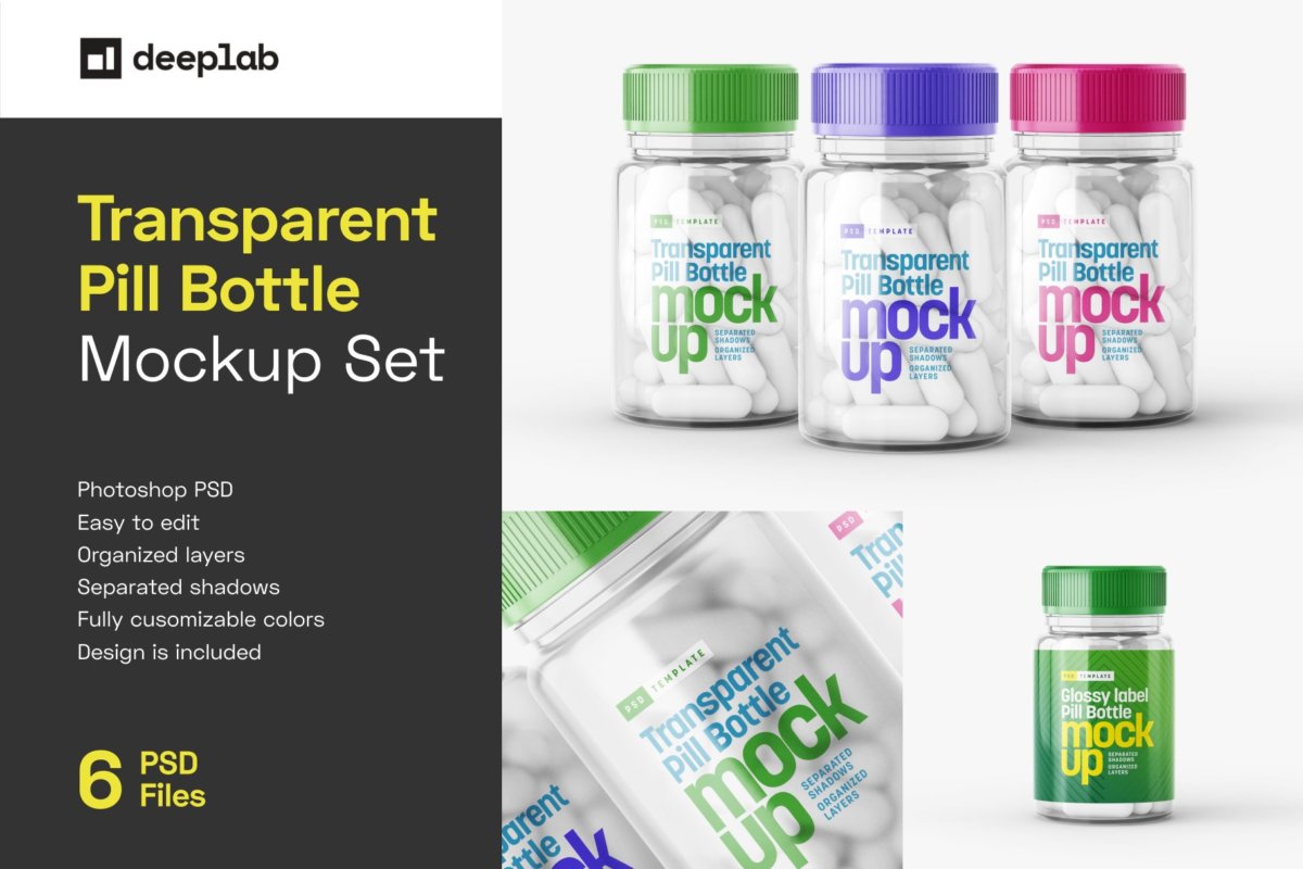 6款高清透明塑料药瓶设计贴图样机合集 Transparent Pill Bottle Mockup Set_img_2