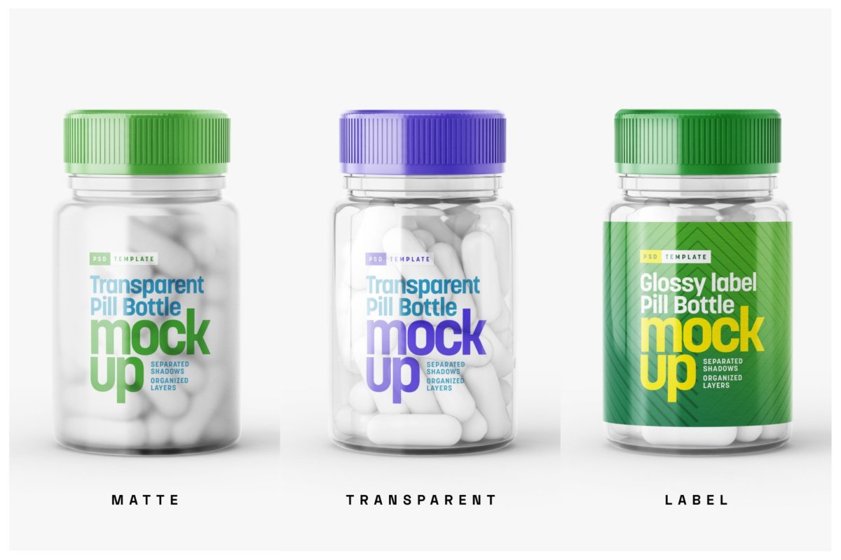 6款高清透明塑料药瓶设计贴图样机合集 Transparent Pill Bottle Mockup Set_img_2