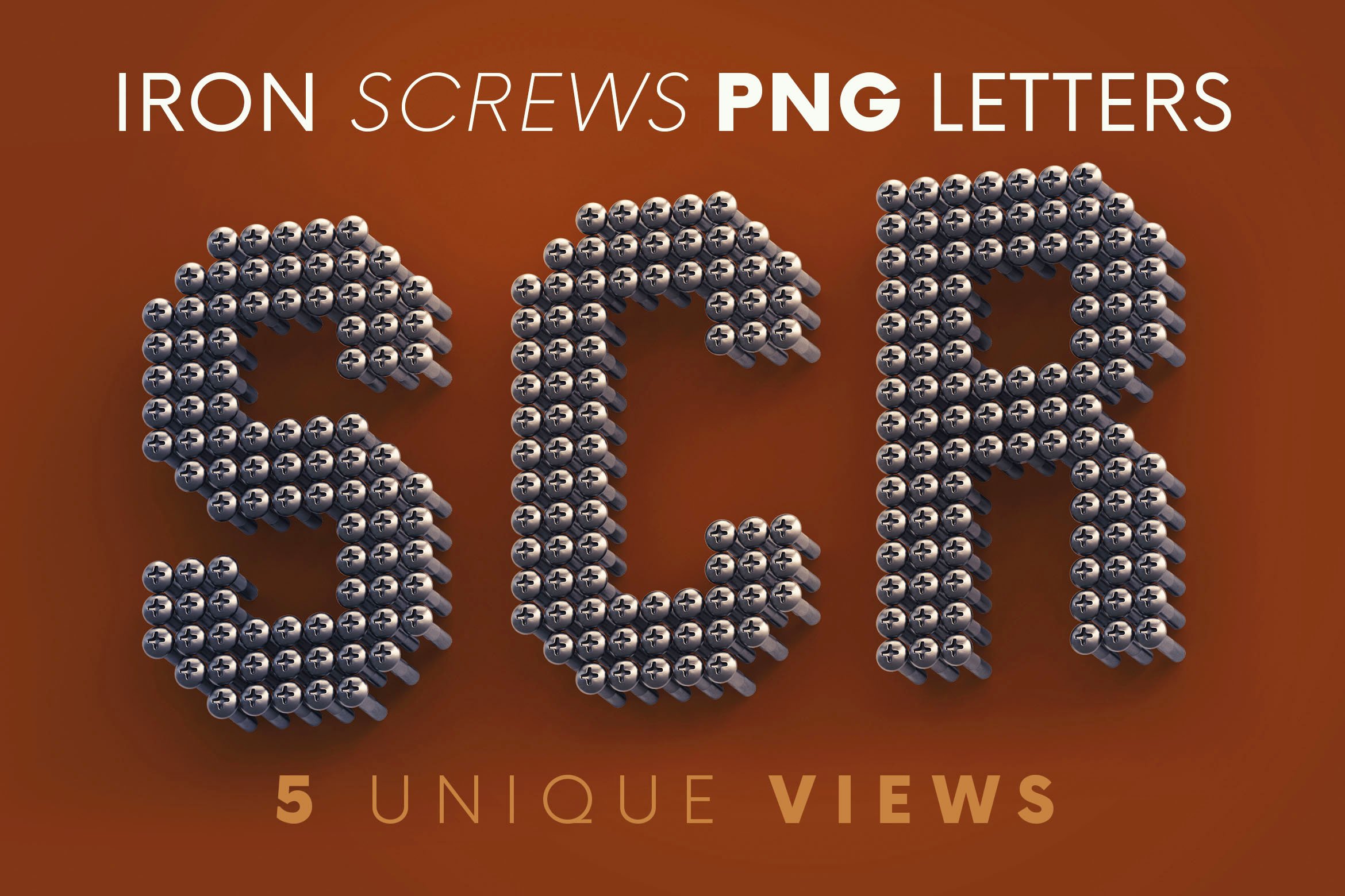 逼真金属3D铁螺丝钉创意字母PNG透明图片设计素材 Iron Screws - 3D Lettering_img_2