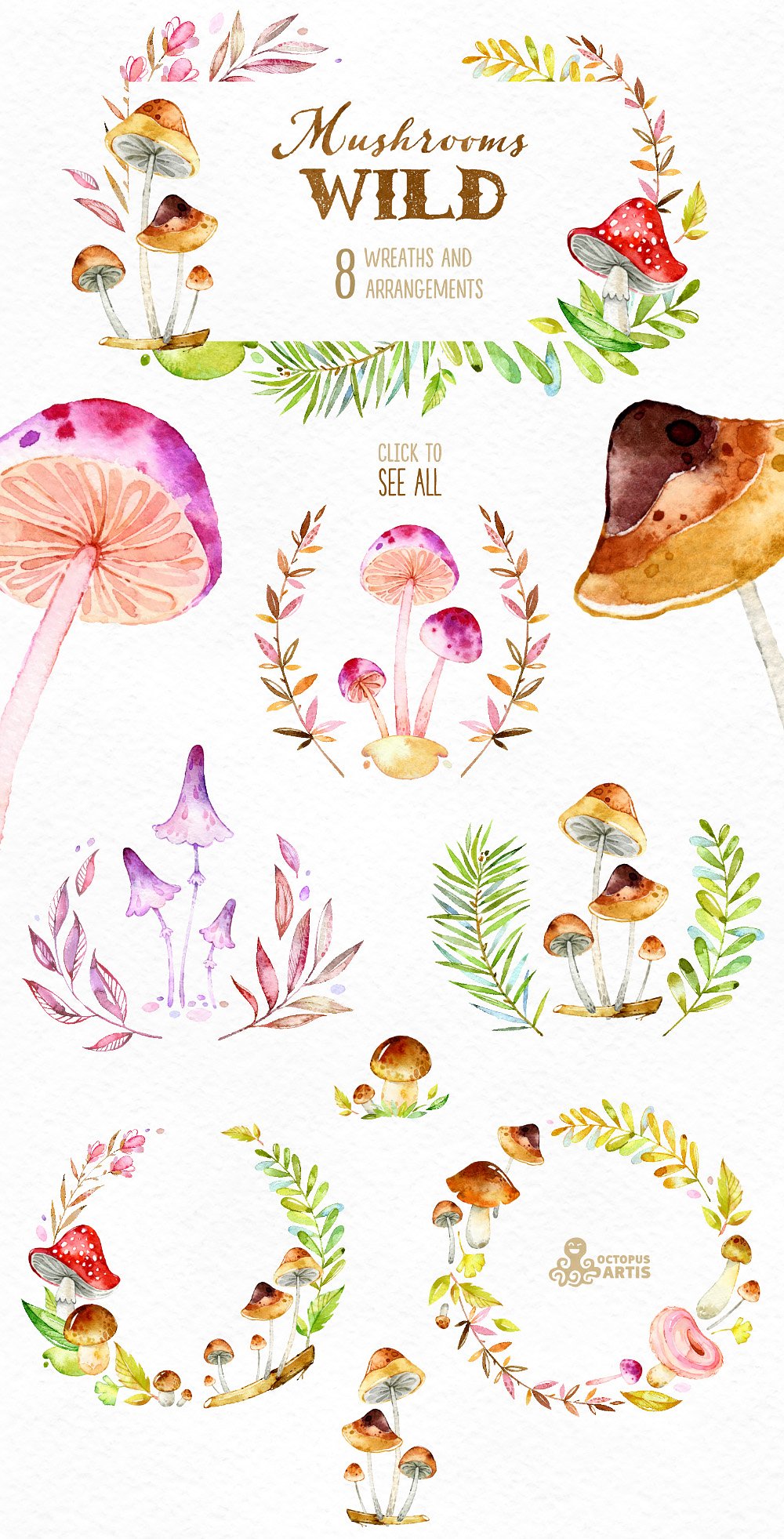 神奇野生森林蘑菇手绘水彩画PNG透明背景图片素材 Wild Mushrooms. Forest Collection_img_2