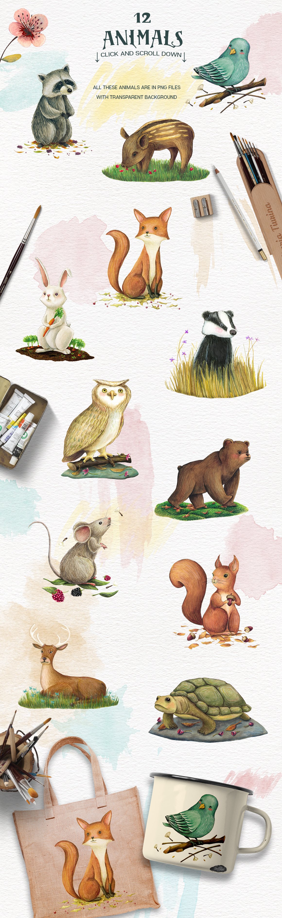 精美花卉动物手绘水彩画PNG免扣图片设计素材 Animals and Nature - Design Kit_img_2