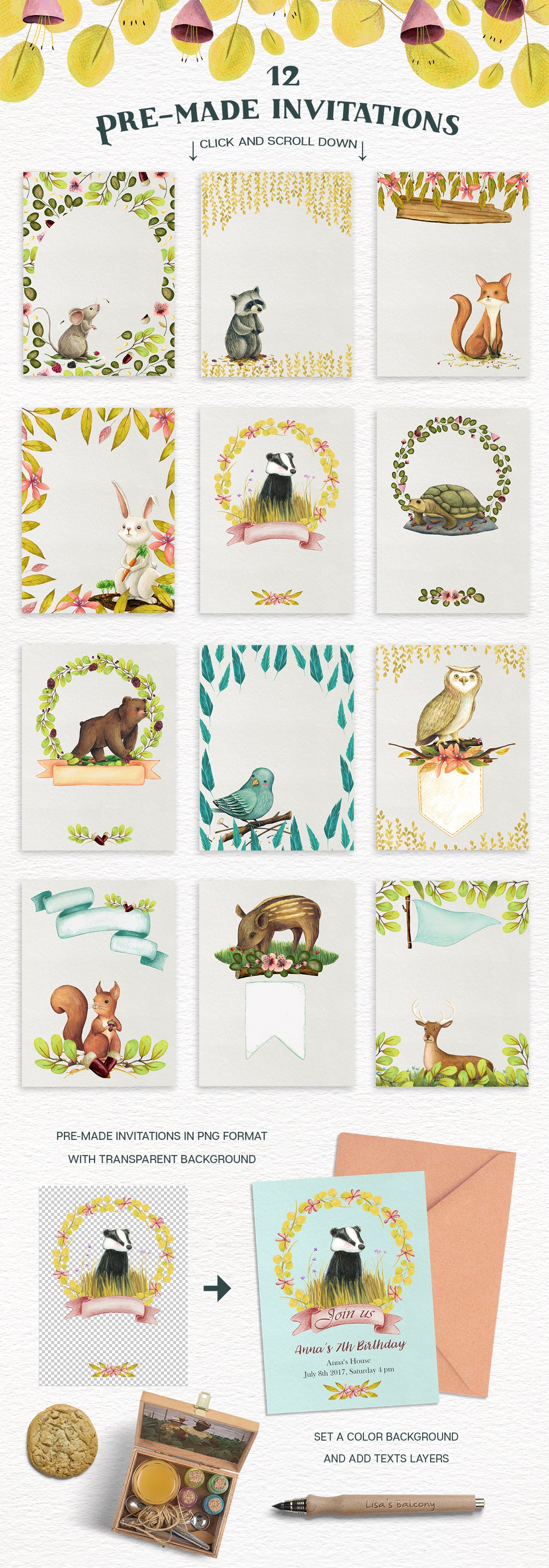 精美花卉动物手绘水彩画PNG免扣图片设计素材 Animals and Nature - Design Kit_img_2