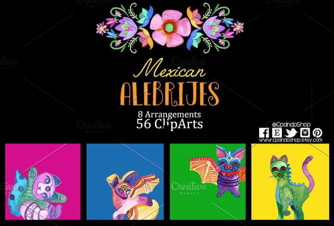 墨西哥风手绘花卉剪贴画PNG透明背景图片素材 Mexican Alebrijes Watercolor Clipart_img_2