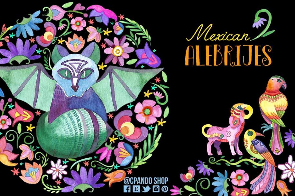 墨西哥风手绘花卉剪贴画PNG透明背景图片素材 Mexican Alebrijes Watercolor Clipart_img_2