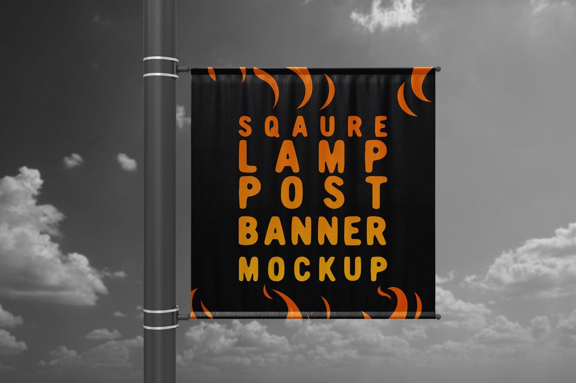 6个街头灯柱条幅广告旗帜贴图样机模板 Square Lamp Post Banner Mock-Up_img_2