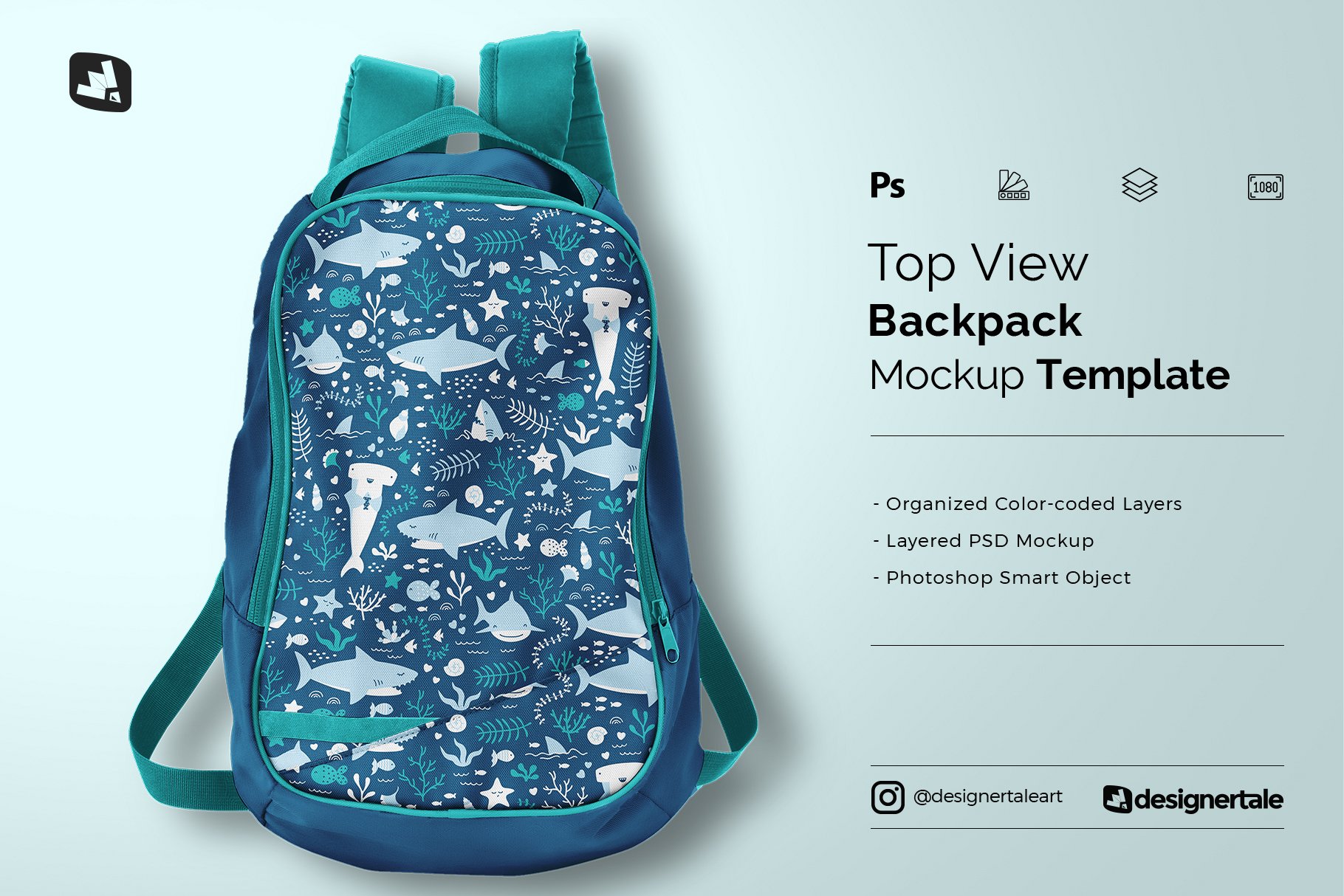 顶视图旅行双肩背包印花图案设计贴图样机 Top View Backpack Mockup_img_2