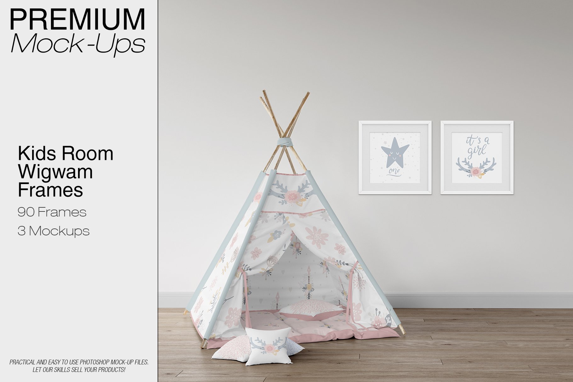 逼真儿童房帐篷布料印花图案设计贴图样机 Kids Room - Wigwam Wall & Frames_img_2