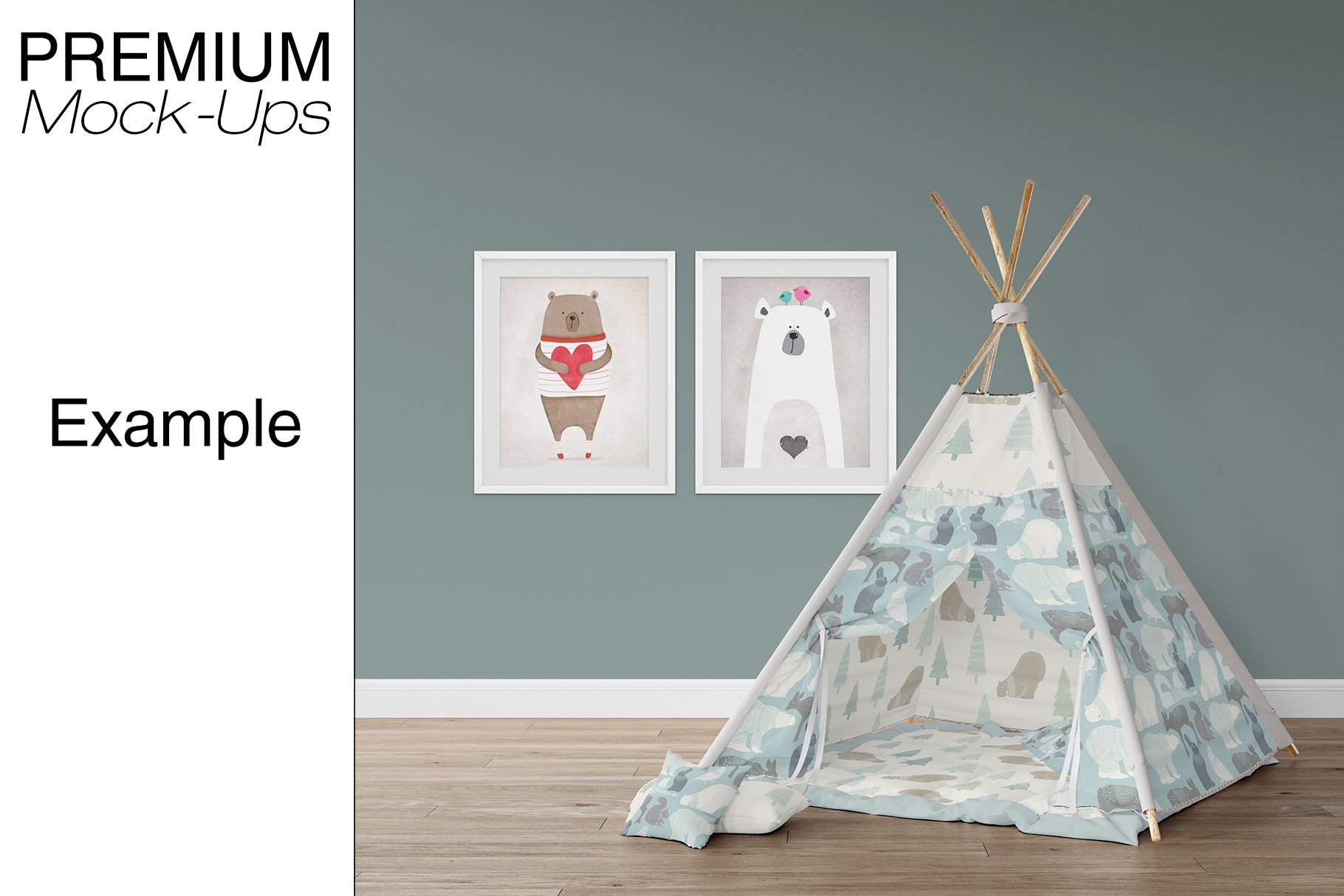 逼真儿童房帐篷布料印花图案设计贴图样机 Kids Room - Wigwam Wall & Frames_img_2