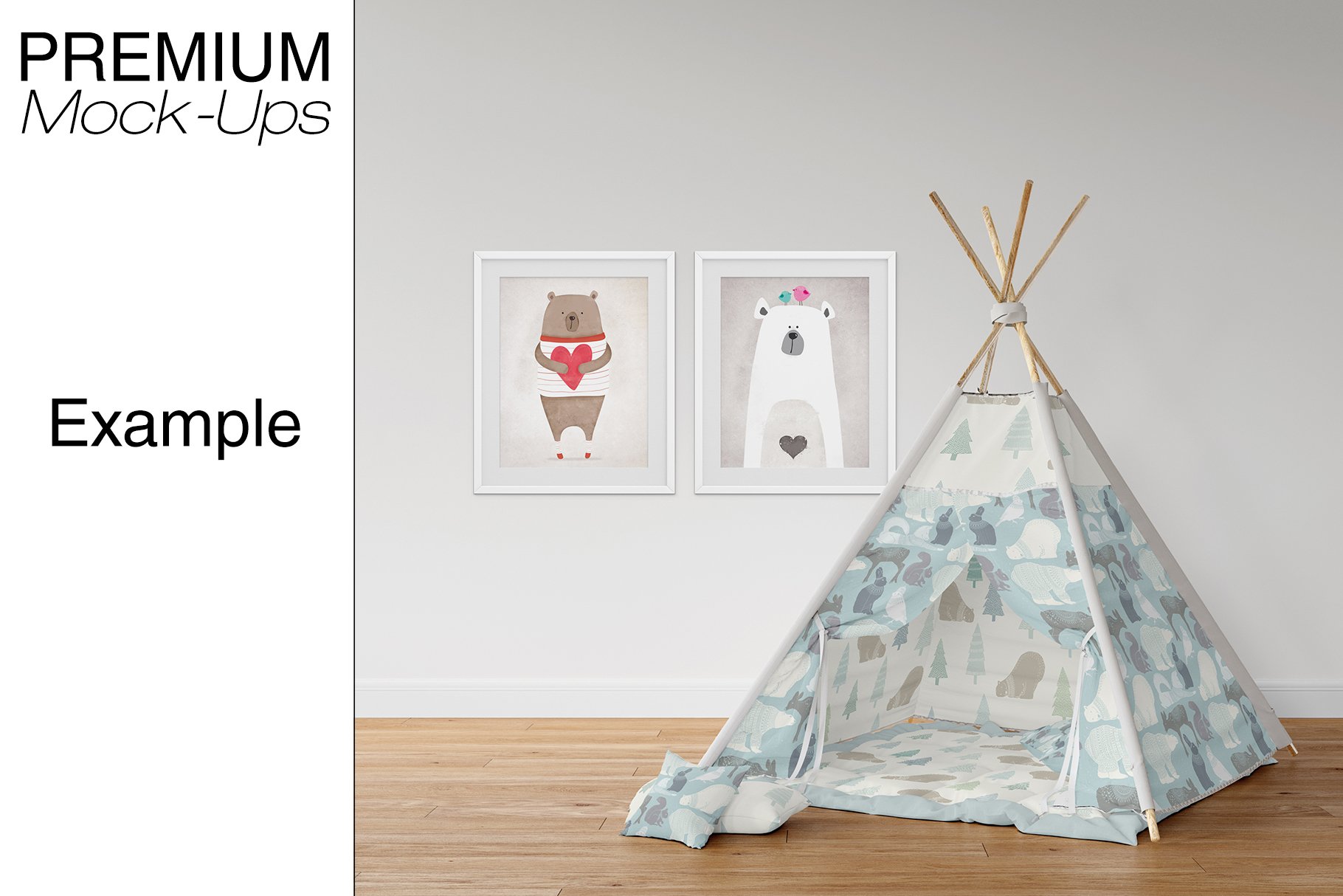 逼真儿童房帐篷布料印花图案设计贴图样机 Kids Room - Wigwam Wall & Frames_img_2