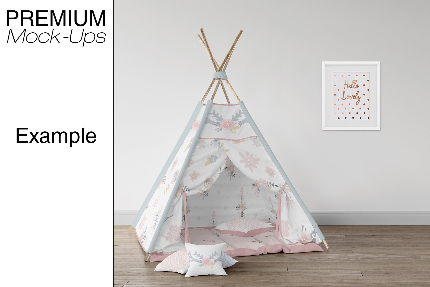 逼真儿童房帐篷布料印花图案设计贴图样机 Kids Room - Wigwam Wall & Frames_img_2