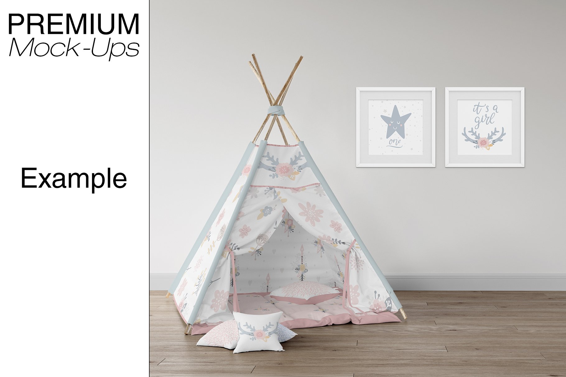 逼真儿童房帐篷布料印花图案设计贴图样机 Kids Room - Wigwam Wall & Frames_img_2