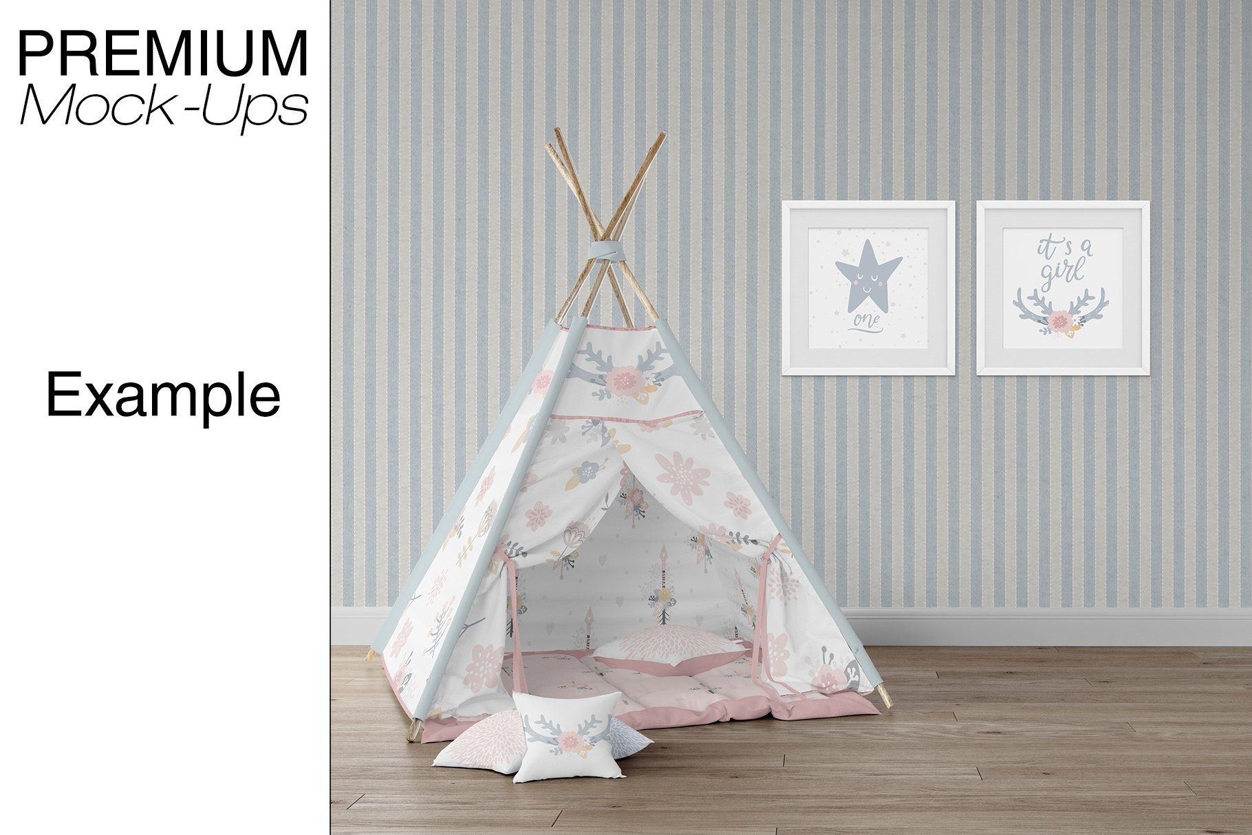 逼真儿童房帐篷布料印花图案设计贴图样机 Kids Room - Wigwam Wall & Frames_img_2