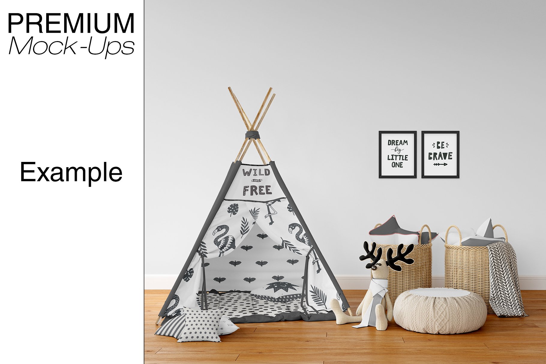 逼真儿童房帐篷布料印花图案设计贴图样机 Kids Room - Wigwam Wall & Frames_img_2