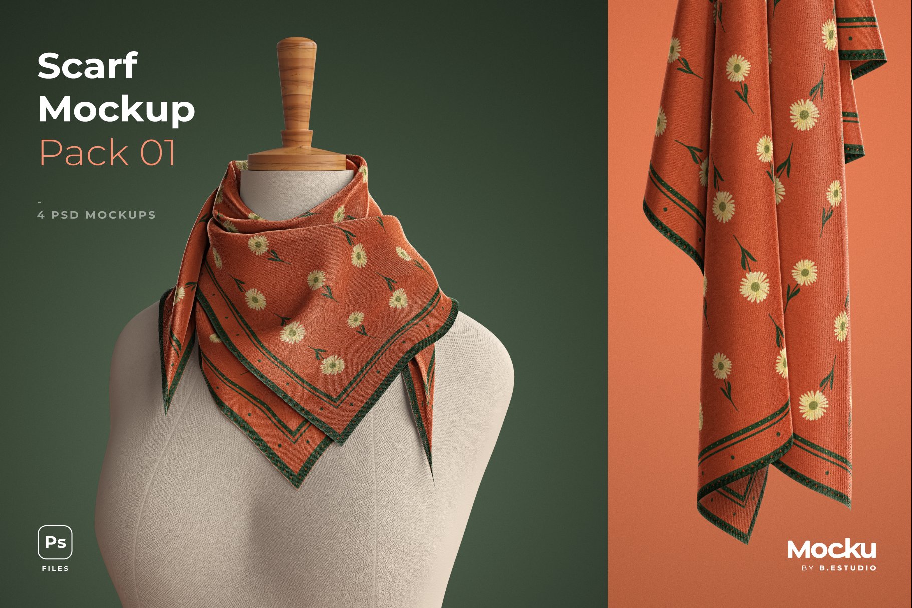 精致真丝丝绸围巾印花图案设计贴图样机素材 Silk Scarf Mockup - Big - Pack 01_img_2