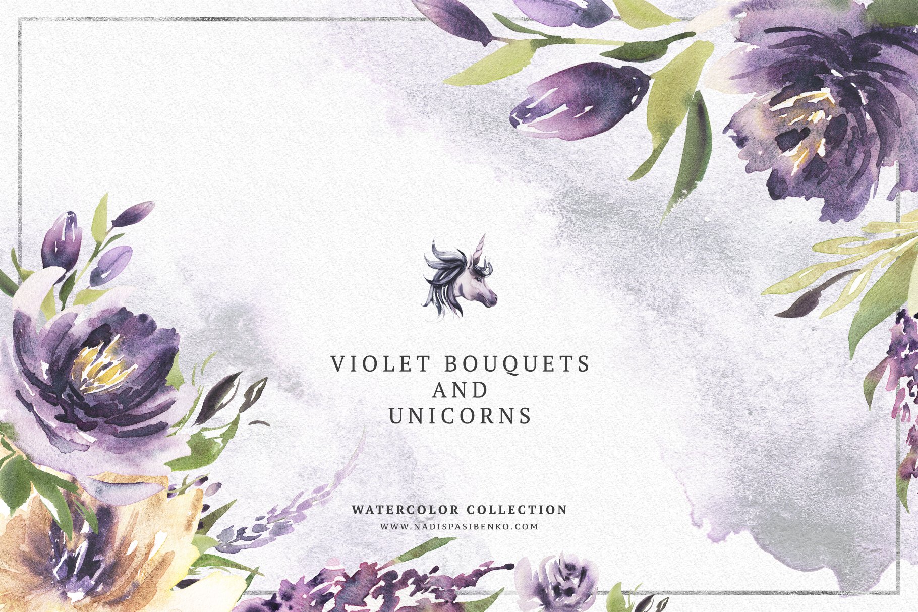 72张精美紫罗兰花卉&独角兽手绘水彩画PNG透明图片 Violet Bouquets & Unicorns_img_2