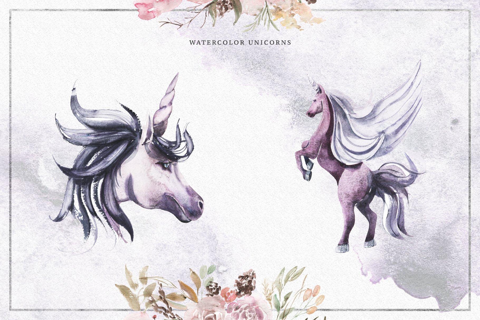 72张精美紫罗兰花卉&独角兽手绘水彩画PNG透明图片 Violet Bouquets & Unicorns_img_2