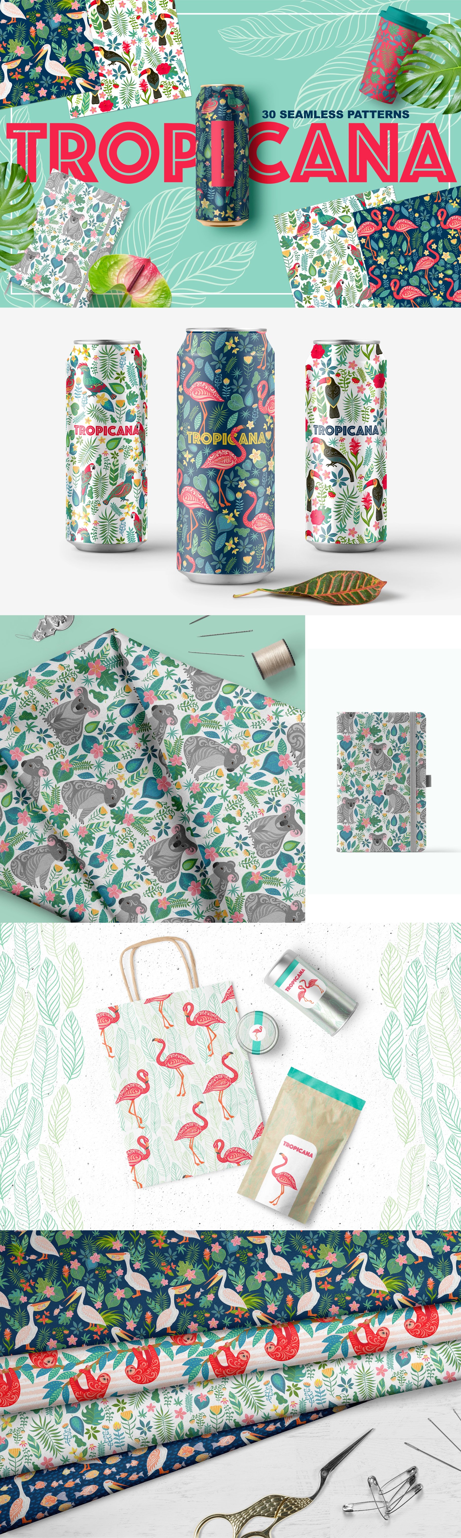 多彩热带动物鸟类花卉叶子无缝隙图案矢量设计素材 TROPICANA, 31 Seamless Patterns_img_2