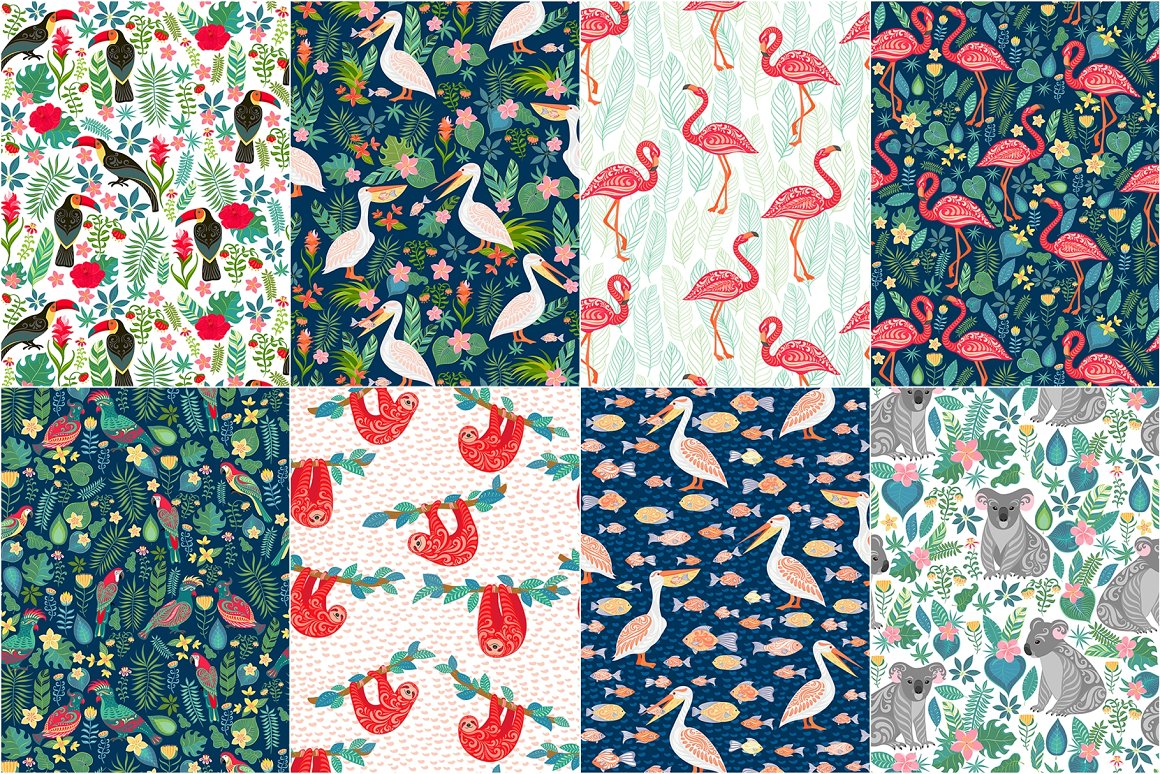 多彩热带动物鸟类花卉叶子无缝隙图案矢量设计素材 TROPICANA, 31 Seamless Patterns_img_2