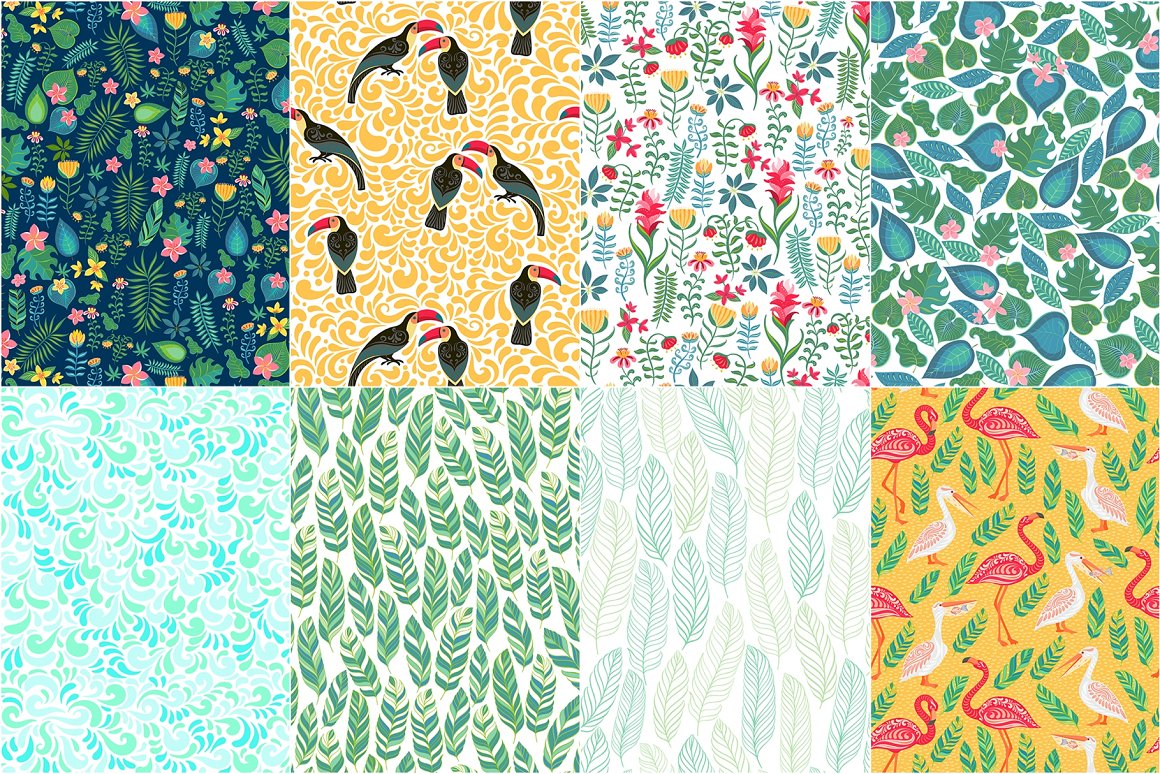 多彩热带动物鸟类花卉叶子无缝隙图案矢量设计素材 TROPICANA, 31 Seamless Patterns_img_2