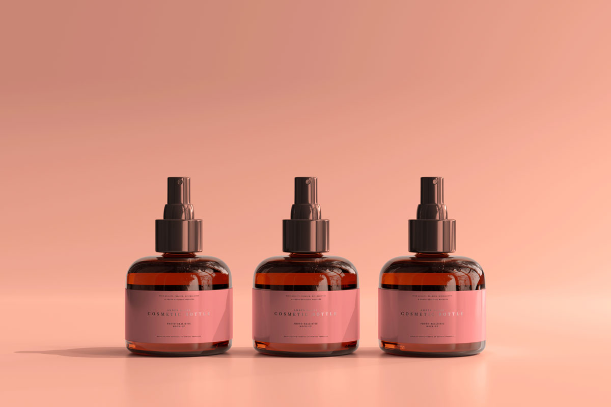 9款琥珀色化妆品喷雾瓶包装盒设计PS贴图样机模板 Amber Glass Cosmetic Spray Bottle Mockup_img_2