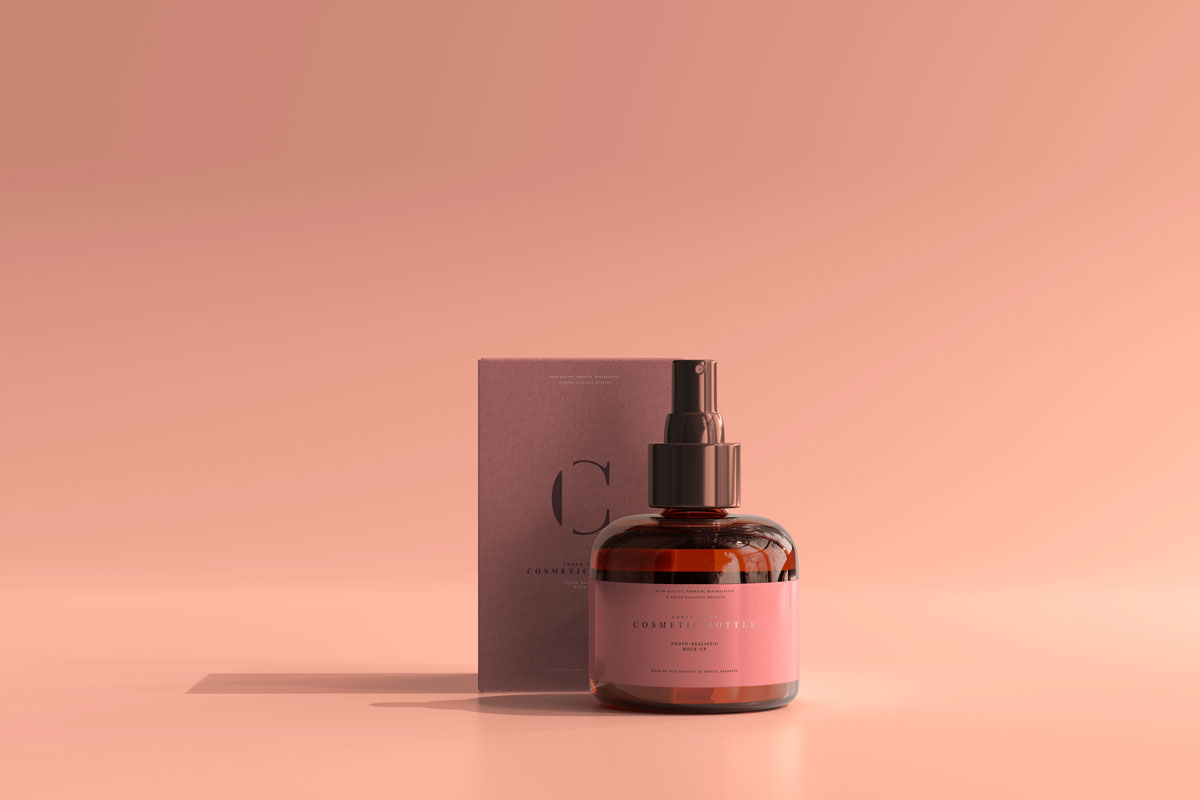 9款琥珀色化妆品喷雾瓶包装盒设计PS贴图样机模板 Amber Glass Cosmetic Spray Bottle Mockup_img_2