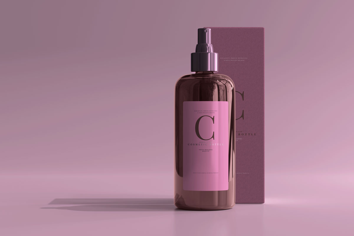 9款逼真琥珀色化妆品喷雾瓶包装盒设计贴图PSD样机模板 Amber Glass Cosmetic Spray Bottle Mockup Vol.2_img_2