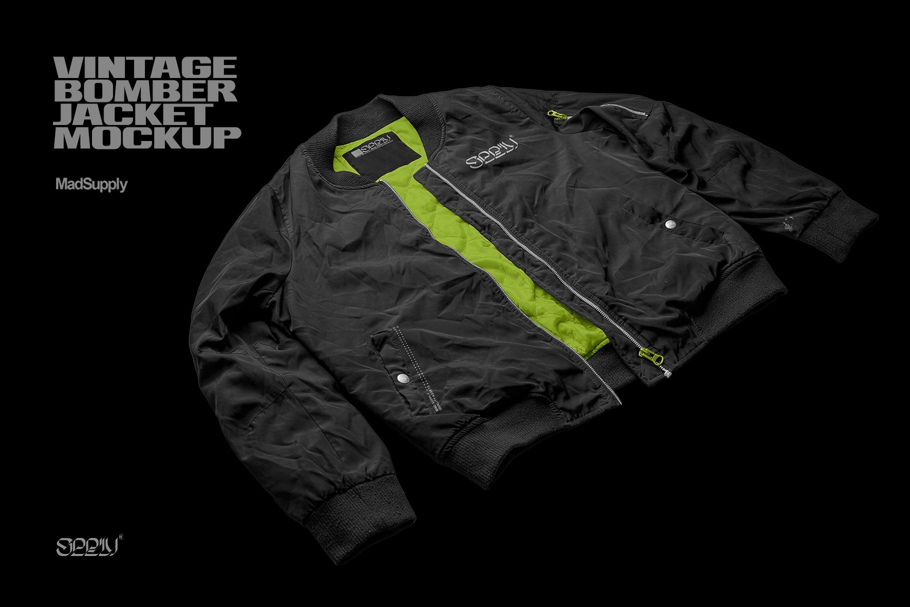 潮流复古圆领拉链夹克印花图案设计PS贴图样机模板 Vintage Bomber Jacket Mockup_img_2