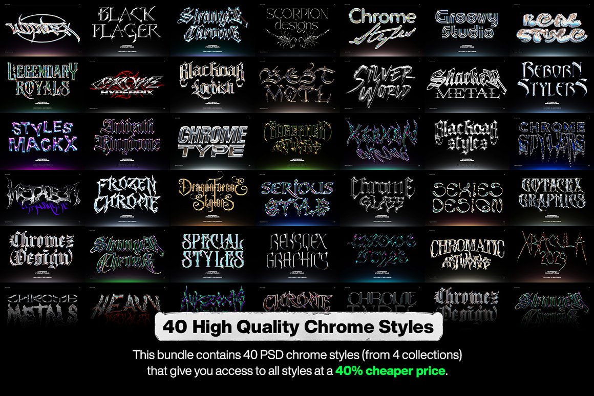 40款潮流金属3D镀铬标题Logo设计展示PS贴图样机模板套装 Chrome Text Styles Bundle_img_2