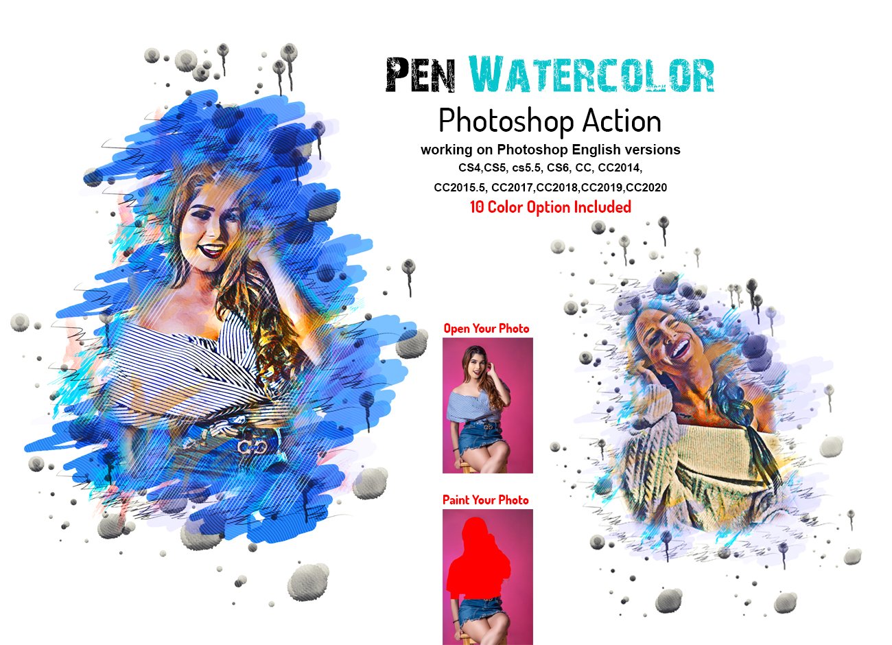 逼真水彩艺术绘画效果照片处理特效PS动作模板 Pen Watercolor Photoshop Action_img_2