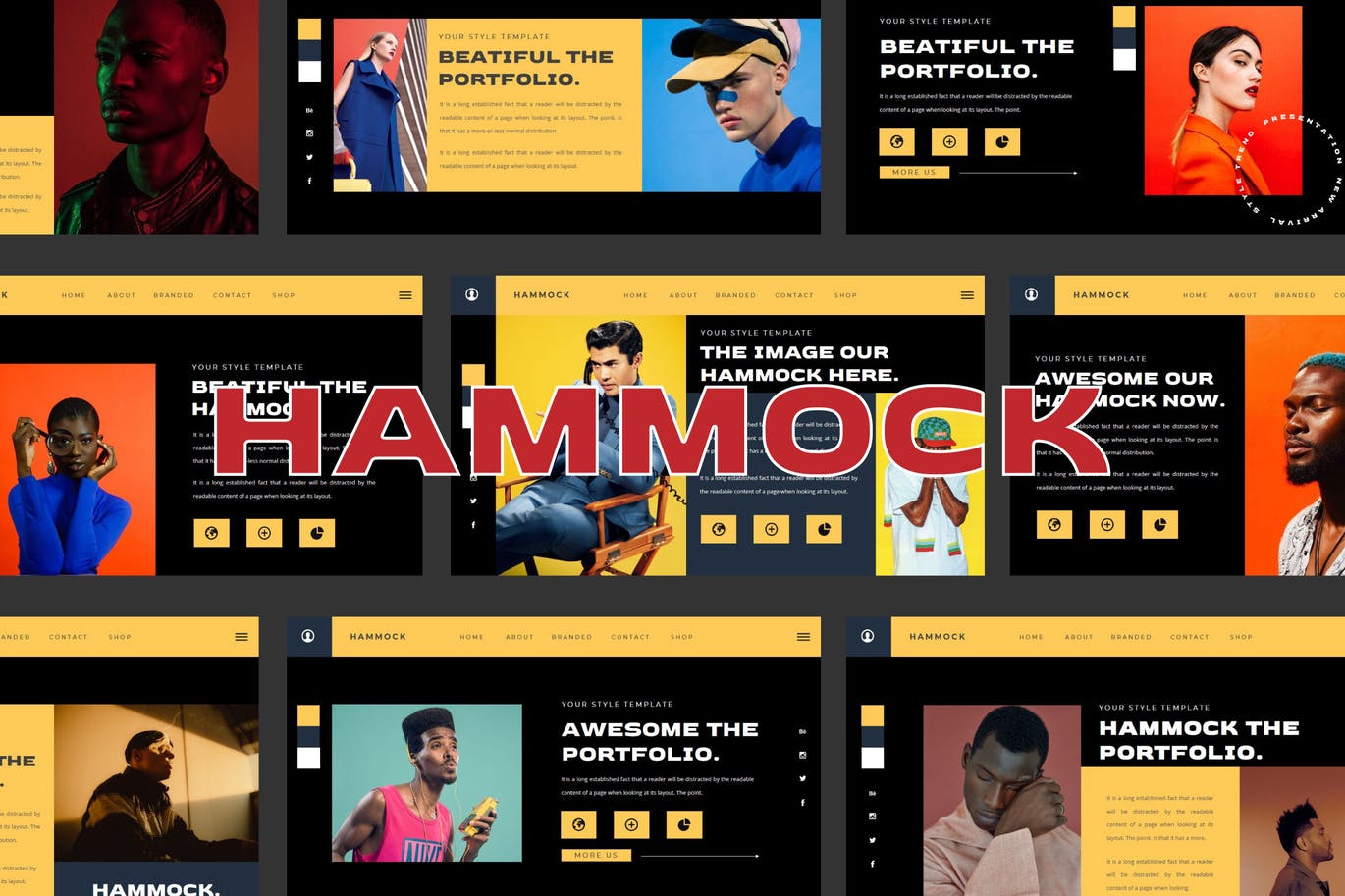 潮流黑黄色摄影作品集设计PPT幻灯片模板素材 HAMMOCK Presentation Template_img_2