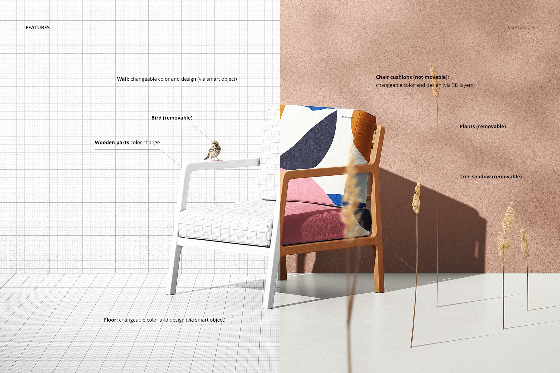 时尚休闲木质扶手椅子设计样机套装 Lounge Chair Mockup Set_img_2