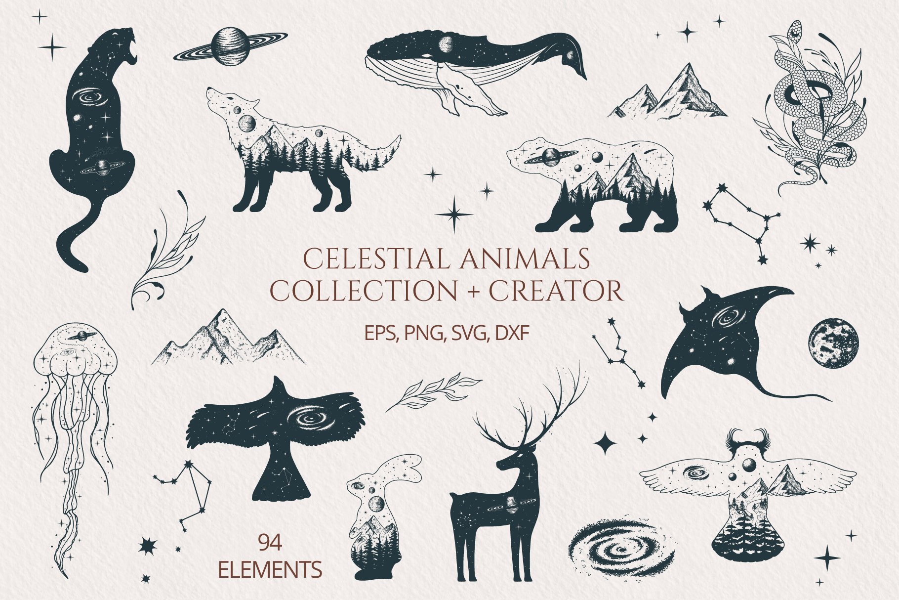 94个神秘天体动物树叶手绘插画设计素材素材 Hand drawn Celestial Animals Collection_img_2