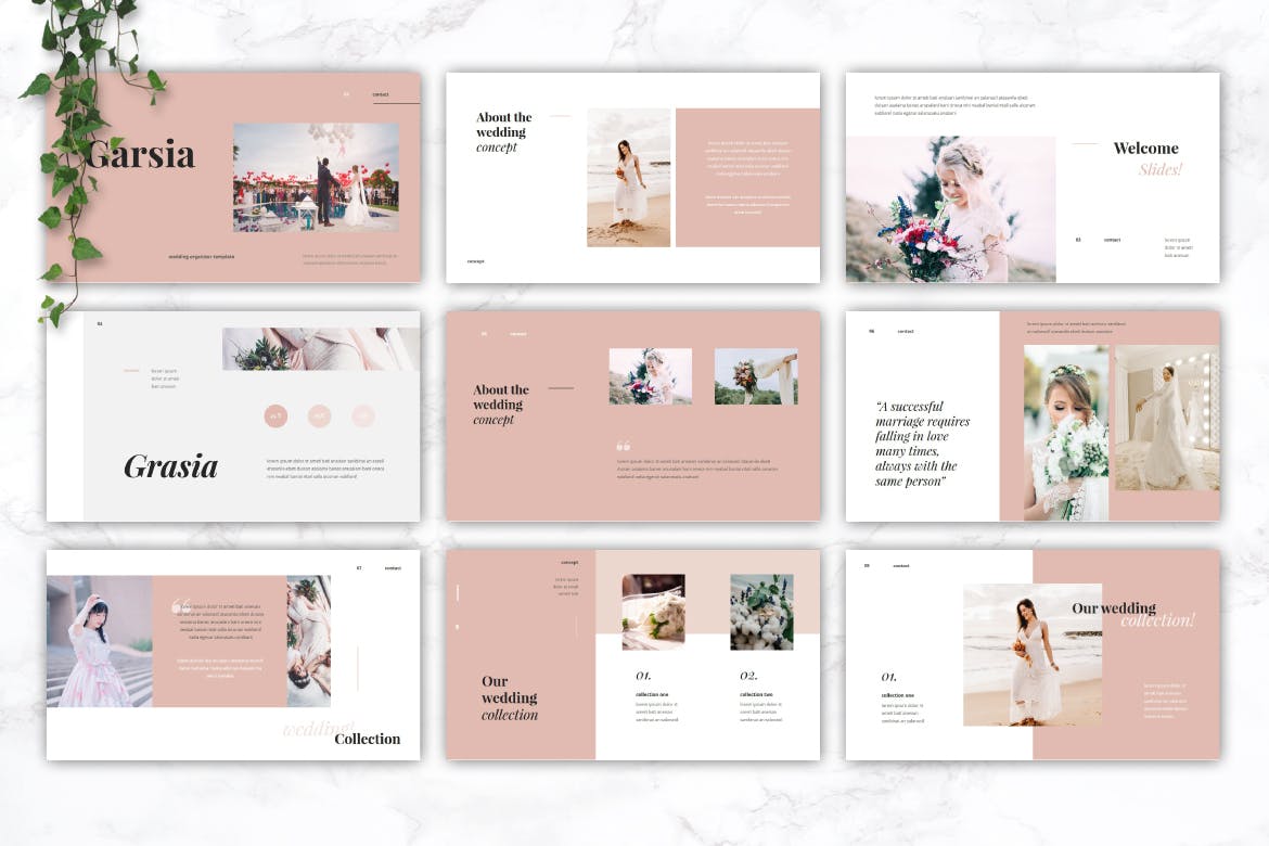 精美粉色系婚礼摄影作品集演示文稿设计模板 GARSIA - Wedding Organization Powerpoint Template_img_2